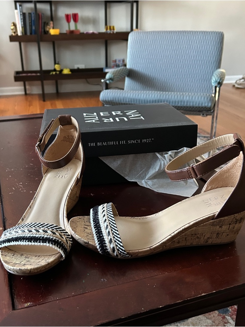 New! Anine Bing Brown Cork Wedge Sandals with Black & White Braided Straps